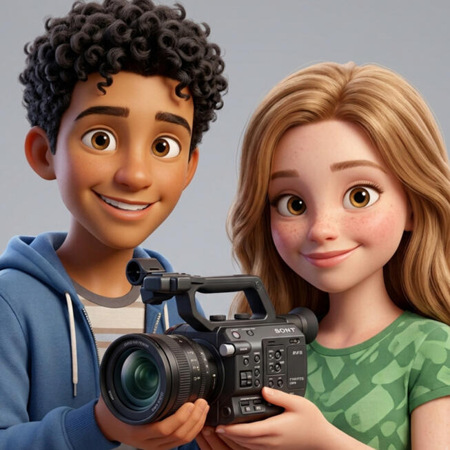 Prêts à tourner Illustration style Pixar d'un garçon métis et d'une fille souriants, tenant une caméra et regardant droit vers l'objectif.