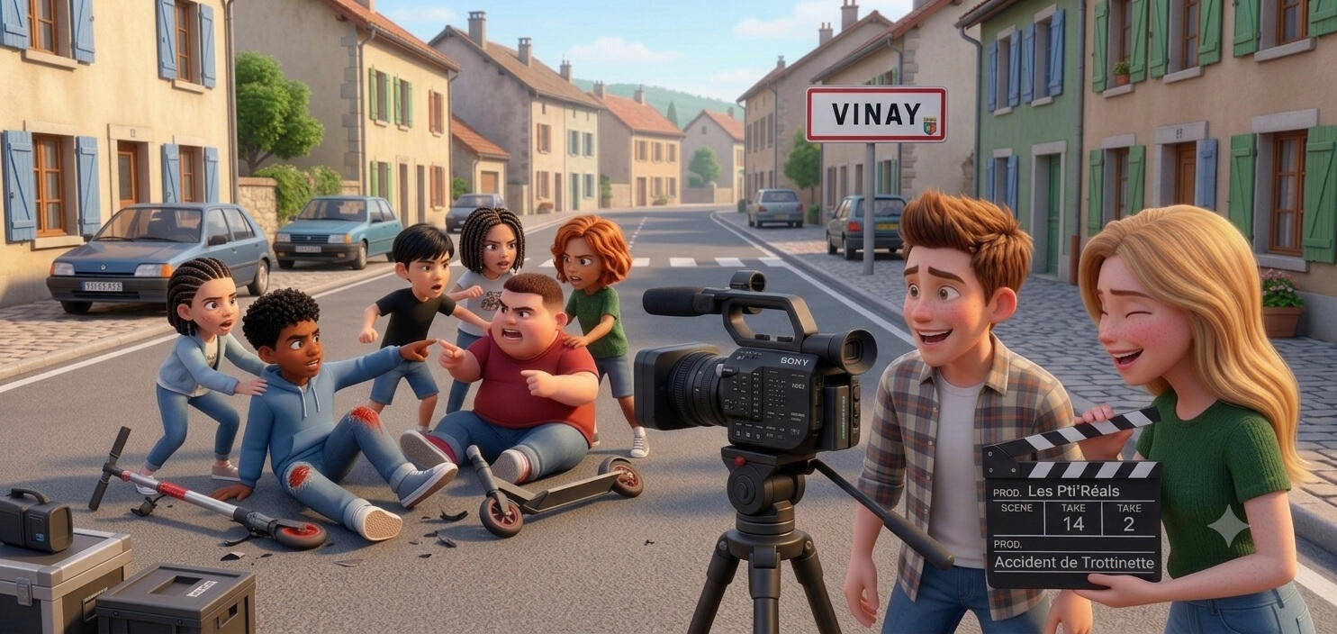 Tournage prévention routière Illustration style Pixar d'un tournage de prévention routière : des jeunes acteurs miment une dispute après un accident de trottinette, filmés par deux enfants tenant la caméra.