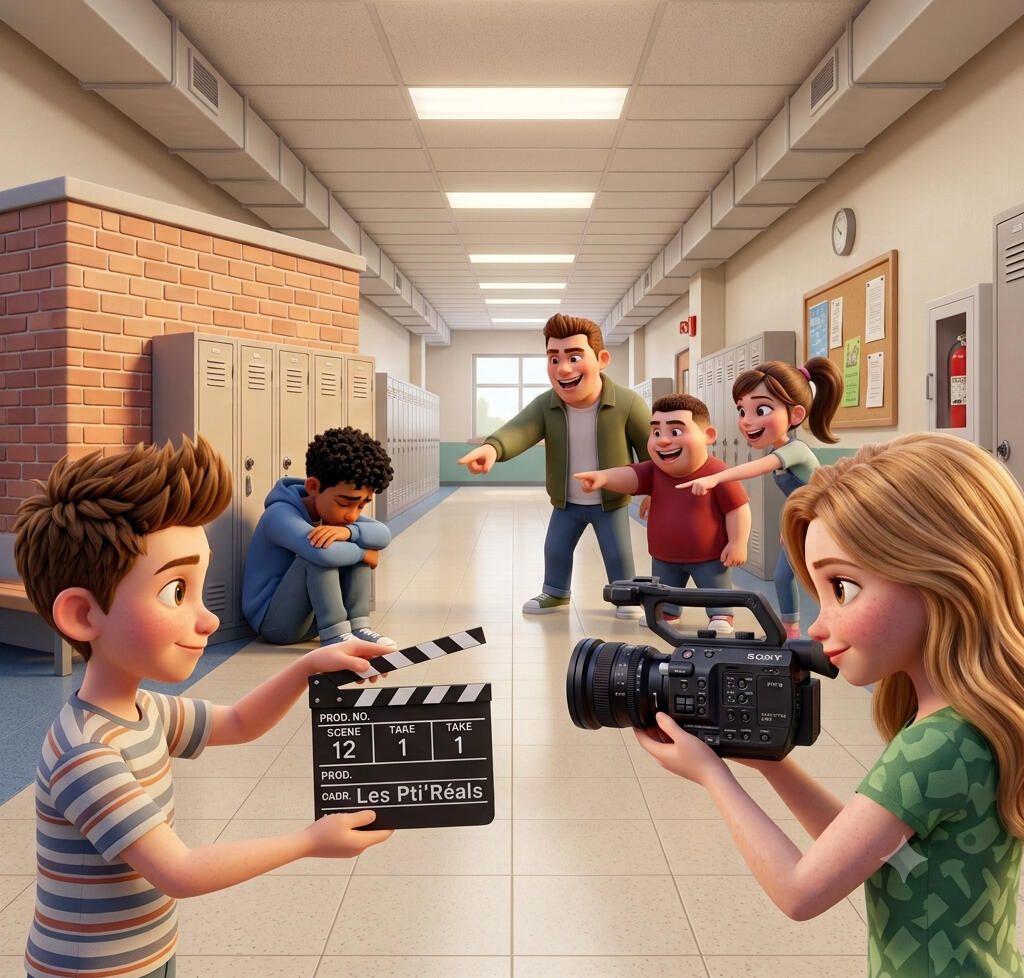 Scène de tournage : harcèlement Illustration style Pixar d'un tournage de sensibilisation au harcèlement : un enfant assis au sol simule la tristesse pendant que d'autres jeunes le montrent du doigt, filmés par deux camarades avec une caméra.