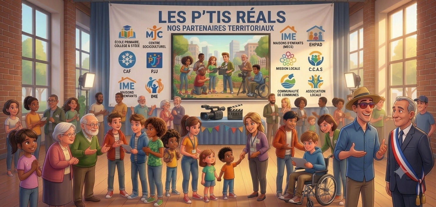 Festival remise des prix Illustration style Pixar d'une remise de prix lors d'un festival de courts métrages : l'animateur en chapeau échange avec le maire, logos des partenaires projetés en fond de salle.