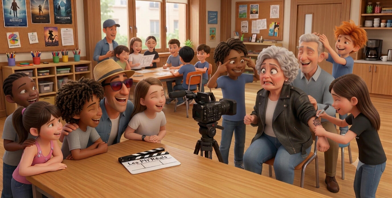 Rencontre intergénérationnelle Illustration style Pixar d'un atelier vidéo intergénérationnel en intérieur : des enfants avec une caméra échangent avec une personne âgée souriante.