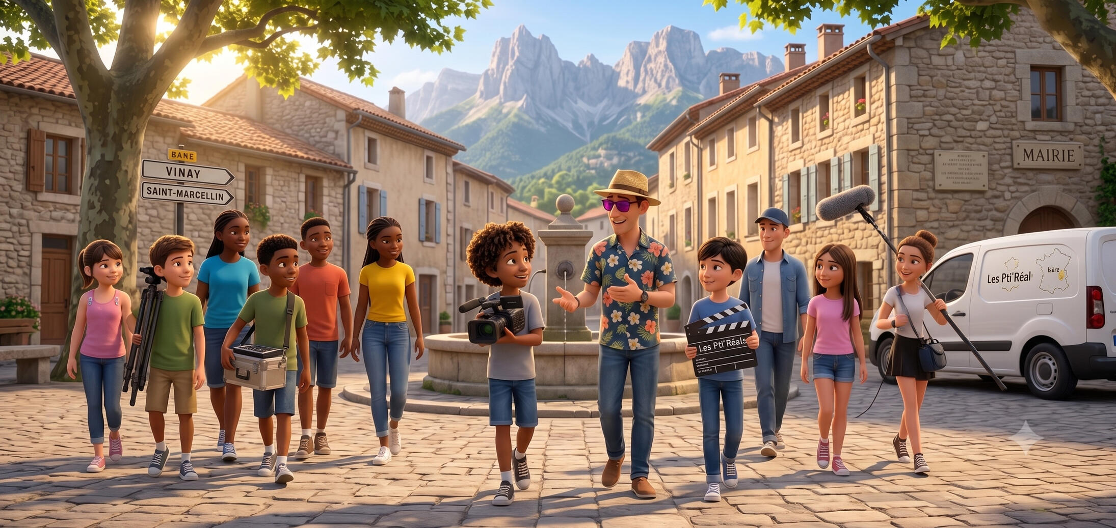 En route vers nos territoires Illustration style Pixar de l'équipe des P'tits Réals marchant avec un groupe de jeunes dans un village, devant un panneau de direction Vinay / Saint-Marcellin.