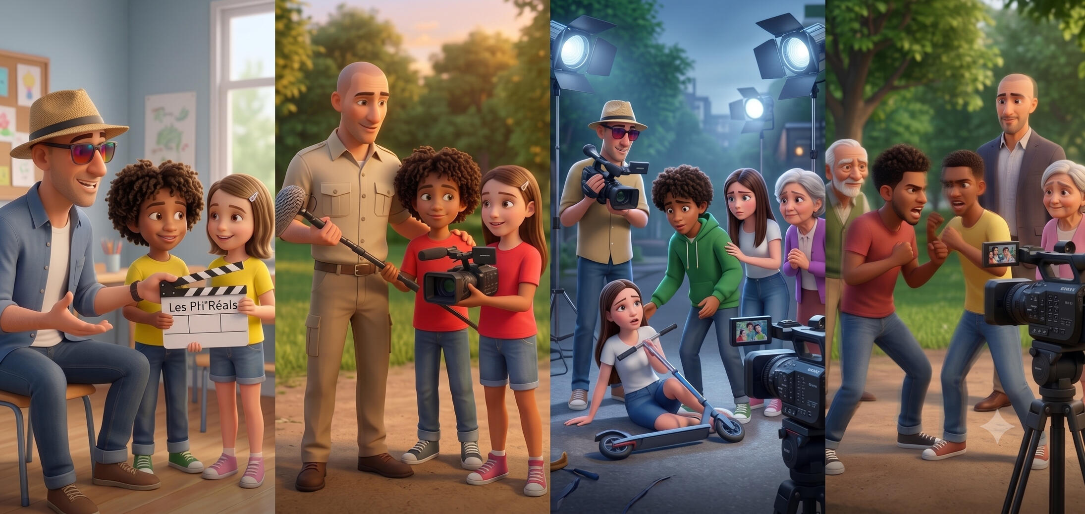 Une pédagogie par âge Illustration style Pixar en quatre cases montrant des ateliers vidéo adaptés à quatre tranches d'âge, de 7 à 20 ans.