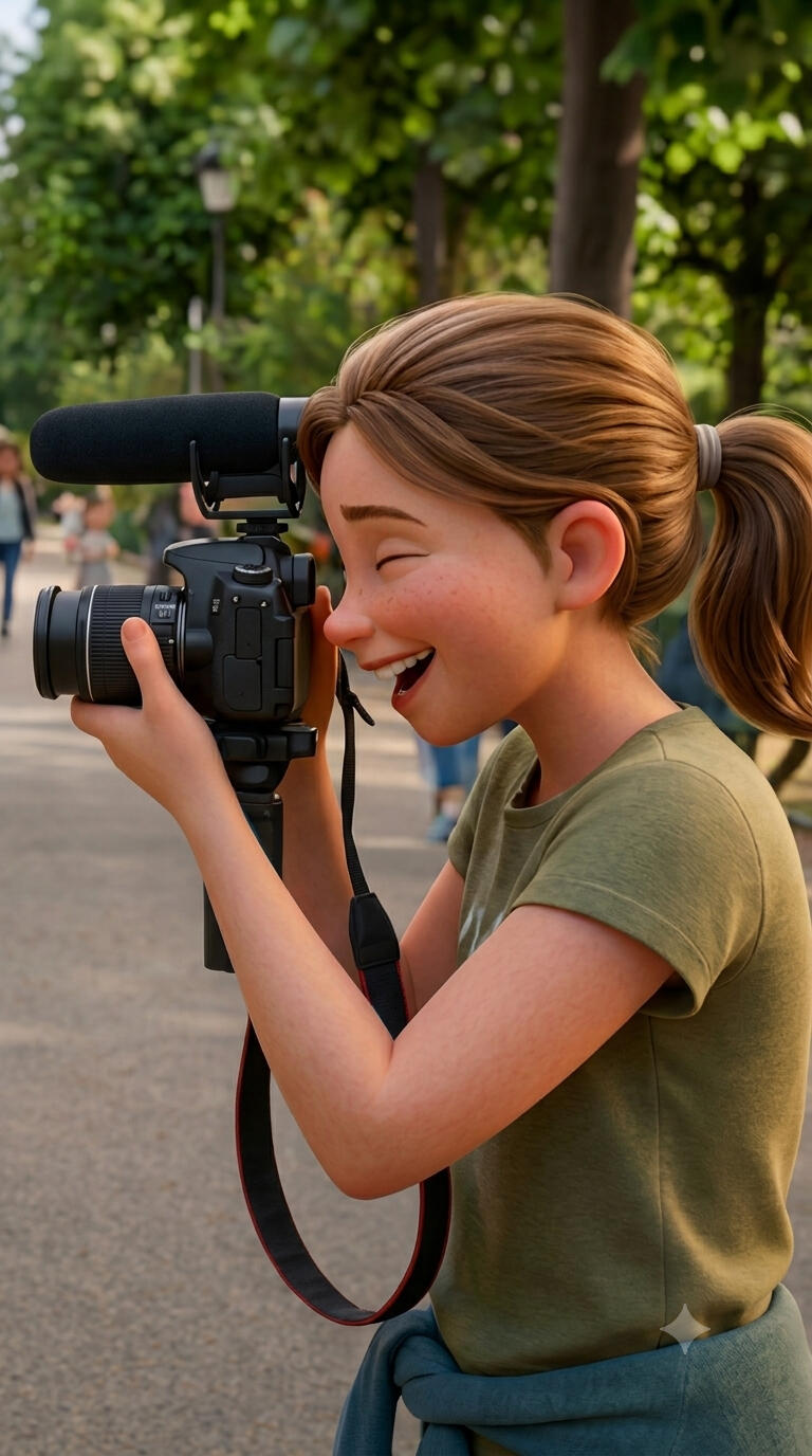L'œil derrière l'objectif Illustration style Pixar d'une jeune fille souriante tenant un appareil photo, en gros plan.