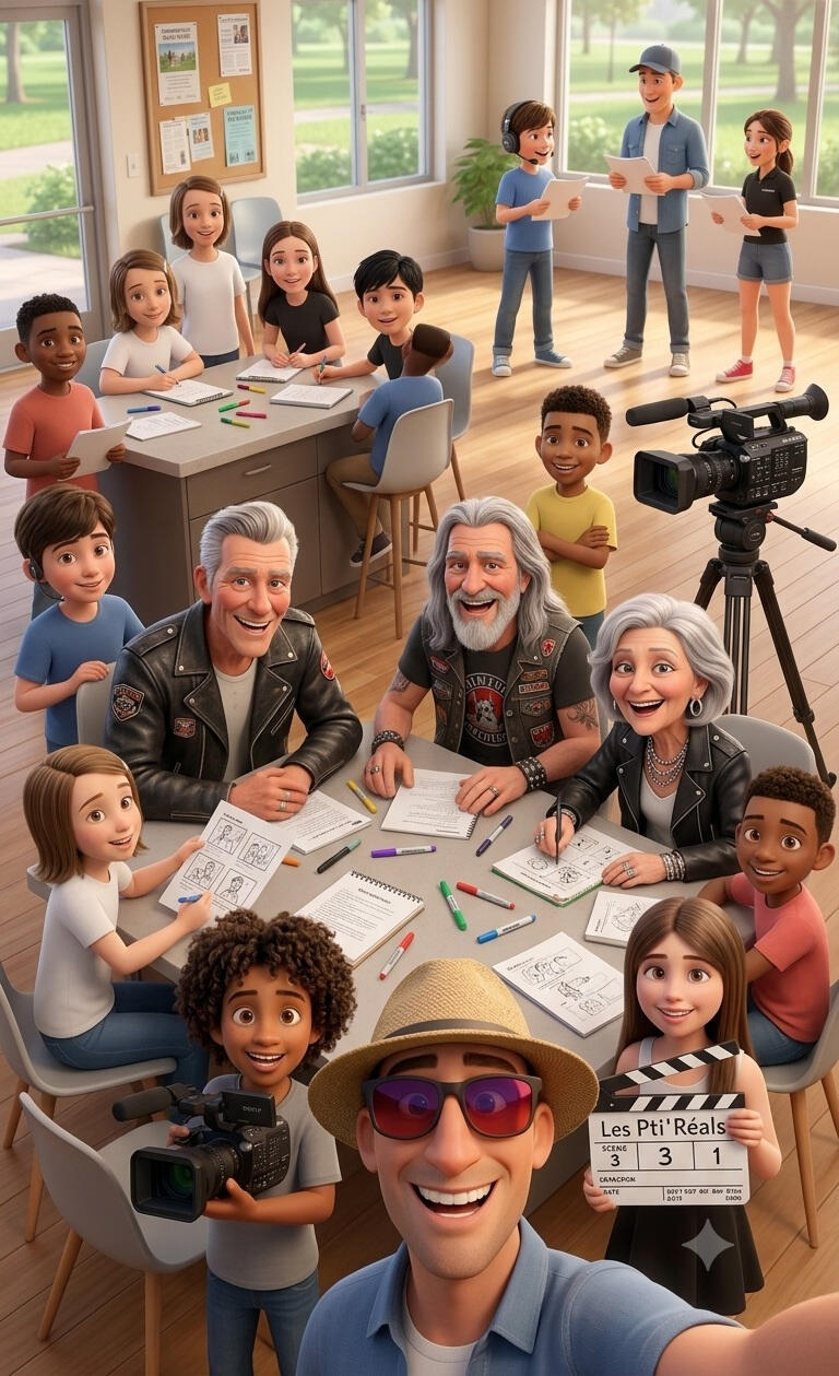 Selfie d'atelier Illustration style Pixar d'un selfie pris avec deux enfants qui tiennent une caméra pendant un atelier vidéo.